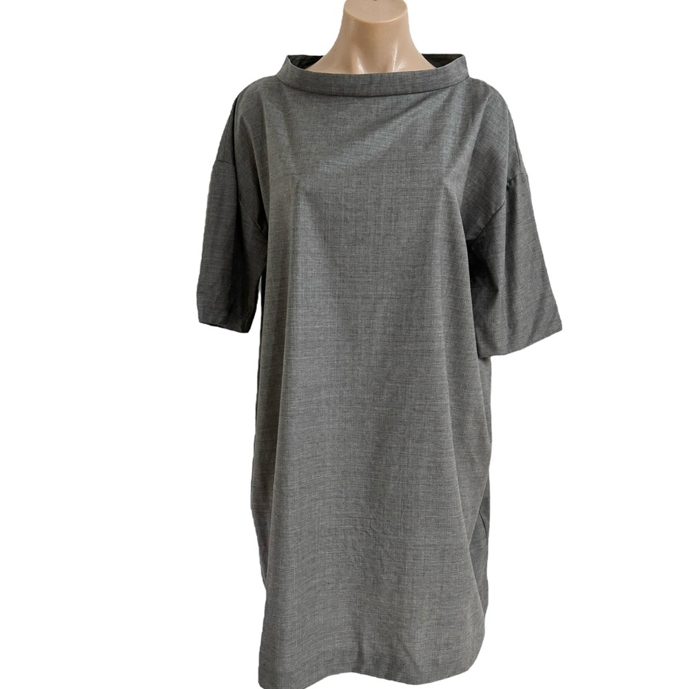 COS LIGHT WOOL STAND UP COLLAR GRAY SHORT SLEEVE STRAIGHT SHIFT DRESS SZ 12